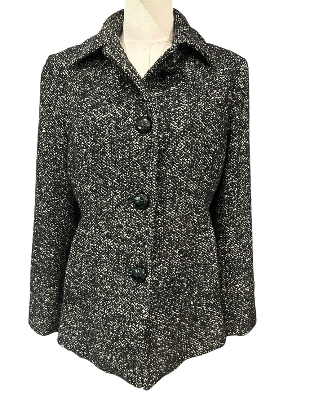 London Fog Boucle Textured Tweed Jacket Coat PM Black White Classic Career Women